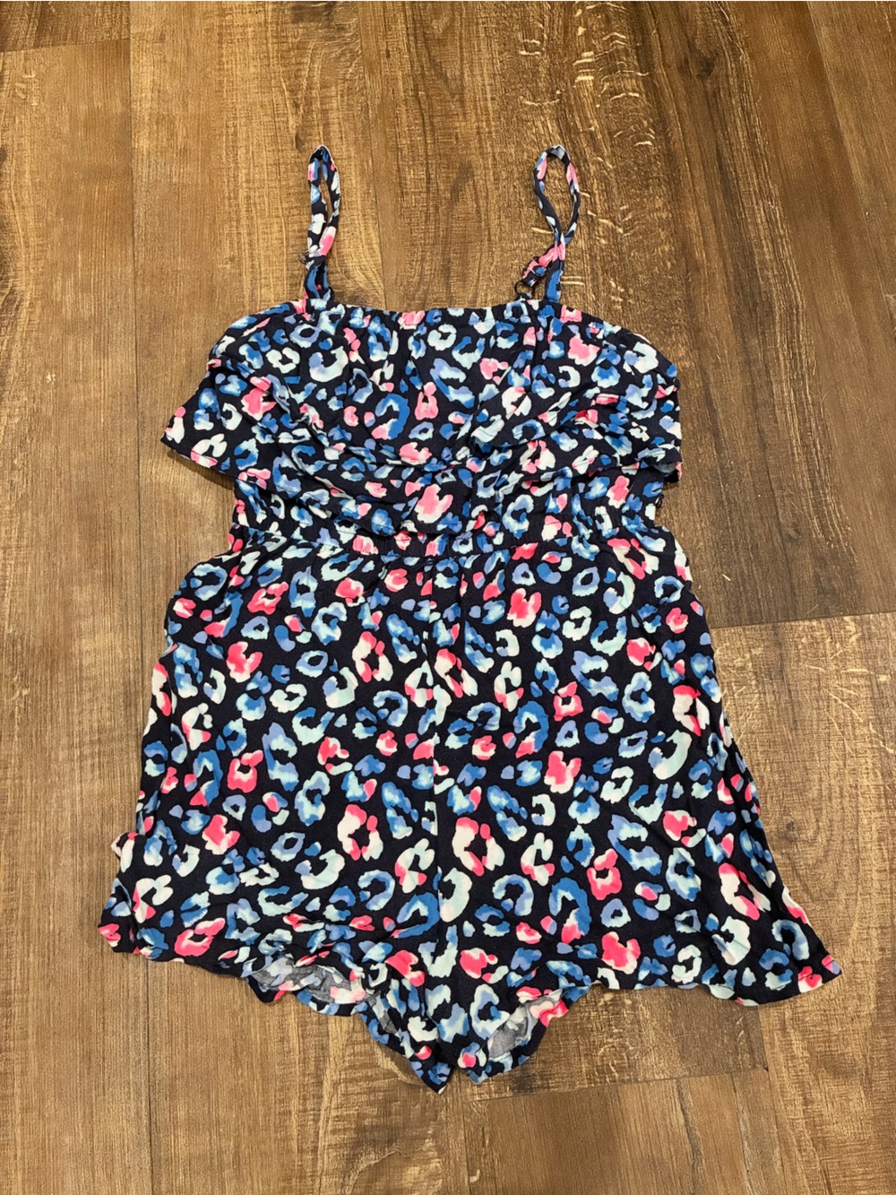Justice Leopard Print Ruffle Cami Romper in Navy, Pink & Light Blue